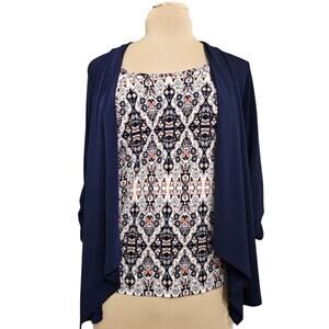 NAIF Twofer Two in One 3/4 Ruched Sleeve Navy Blue Blouse Size Small